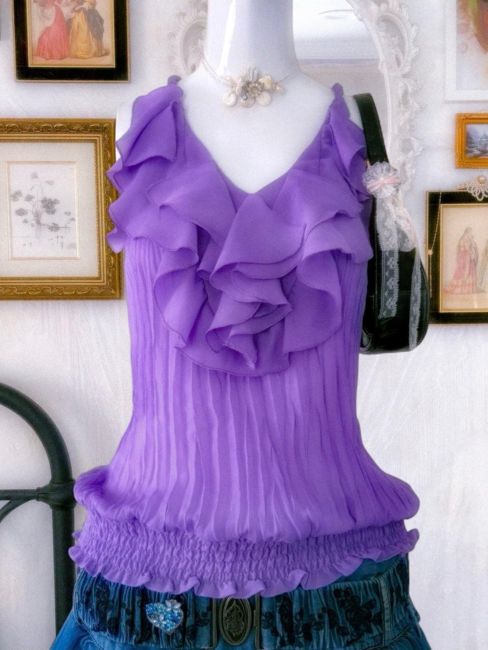 Y2K vintage romantic feminine girly ruffle purple blouse